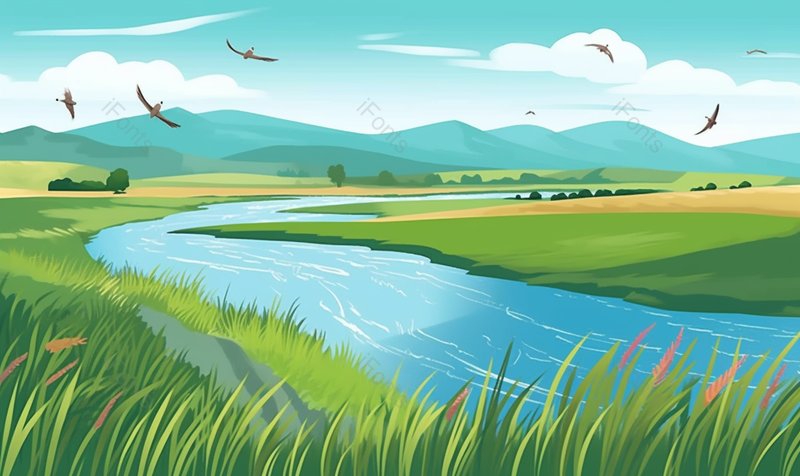 春季夏季节气乡村户外乃鸟群远山风景绿色清爽清凉插画,插画/手绘图,插画/手绘图库,插画/手绘图下载,插画/手绘